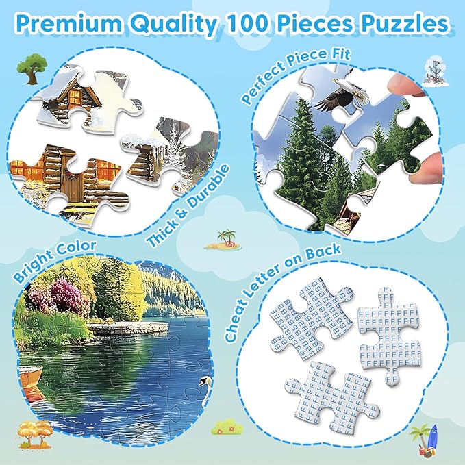 4-Pack 100 Piece Puzzles for Adults 4 Seasons Country Cottages Large Piece Puzzles for Seniors Dementia Alzheimer's Products Activities for Elderly Adults Kids Puzzle for Kids Ages 6-8 8-10