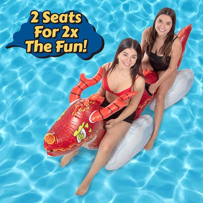 Giant Dragon Pool Float- 2 Person Inflatable Rider Over 7 FT Long w Sturdy Handles- Heavy-Duty PVC XL- Backyard, Beach, Lake, Pool Party Float Toy for Kids Teens, Adults- Outdoor Summer Water Fun Play