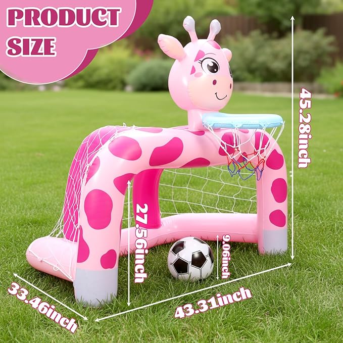 Soulchen 1 Set 2 in 1 Inflatable Toddler Basketball Hoop Soccer Goal Set, Giraffe Indoor Outdoor Sports Activity Center Toys for Kids, Baby Toddlers Birthday Gift for 1 2 3 4 5 Year Old Boys Girls
