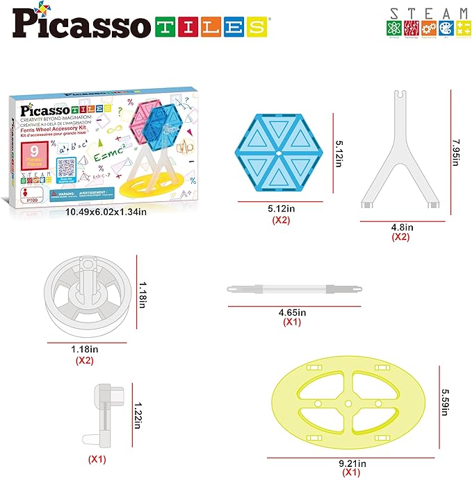 PicassoTiles Magnet Tile Building Blocks Ferris Wheel Amusement Rotating Accessory Kit Compatible with Full Sized Magnetic Tiles Construction Toy Set Education STEM Learning 3D Toddler Kid Age 3+ PT09