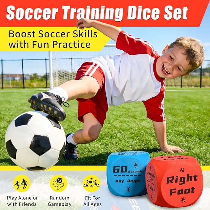 Big Size Soccer Training Dice Set, 2Pcs Soccer Gifts Shooting & Juggling Soccer with Mesh Bag Training Equipment for Games, Boost Soccer Skills with Fun Practice for 8-12 Boys & Girls
