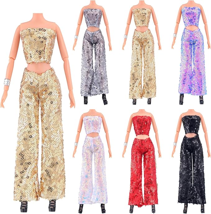 Bencailor 6 Pcs Doll Clothes for 11.8 Inch Doll Clothing Outfit Accessories Winter Coat Tops Swimwear T Shirt Dress Outfit Birthday Gift(Sequin Style,Metallic Color)