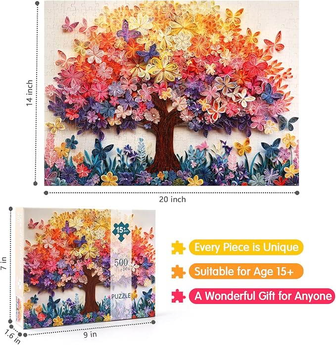 500 Piece Puzzle for Adults - Tree of Life Colorful Butterflies & Flowers Design, Challenging Family Game Night Puzzle, Perfect for Group Gatherings & Stress Relief