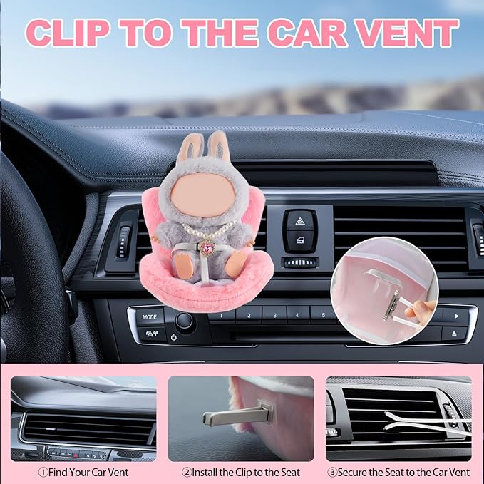 Cute Doll Car Seat for Labubu, Premium Car Seat Accessories for 4-7in Dolls, Including Air Vent Clip, Desktop Stand, Adjustable Strap, Airflow-Friendly Design(Pink)