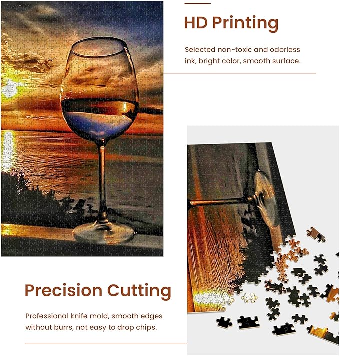 najiaxiaowu Adult Puzzles 500 Pieces DIY Sunset Sea Wine Glass Wooden Puzzles Teens and Elderly Puzzles Modern Home Decor Wall Art Unique Gift 52 cm x 38 cm(20.5 x 15 in)