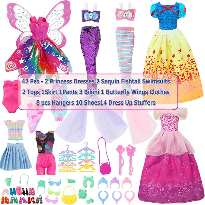 42 Pcs 11.5 inch Doll Clothes & Accessories, 2 Princess Dresses 2 Sequin Fishtail Swimsuits 2 Tops 1 Skirt 1 Pants 3 Bikini 1 Butterfly Wing Clothing, Doll Hangers Shoes ... for Girls Gift Age 3-6 5-7
