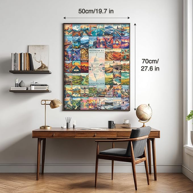 50 States & Washington, D.C. Jigsaw Puzzles for Adults 1000 Pieces, United States 1000 Piece Puzzle, Travel Poster Design of Family Puzzle,challenging Puzzle,USA States Puzzle