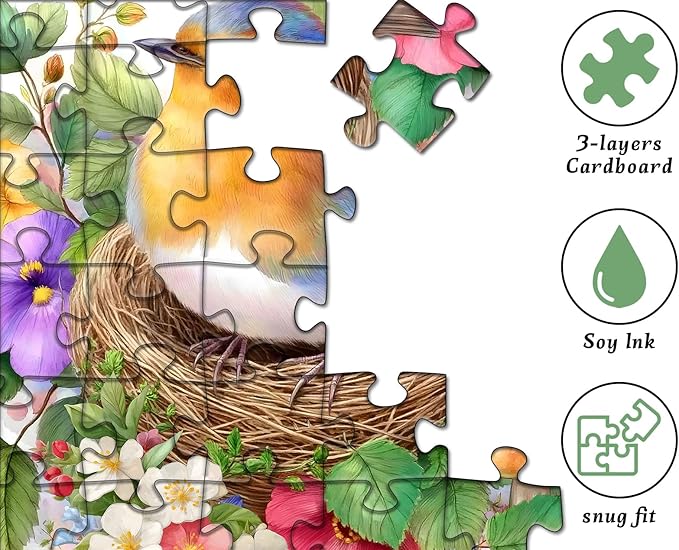 Robin Bird Puzzles for Adults 1000 Pieces, Flowers Garden Puzzles Mushrooms Floral, Nature Spring Bird Jigsaw Puzzle Painting