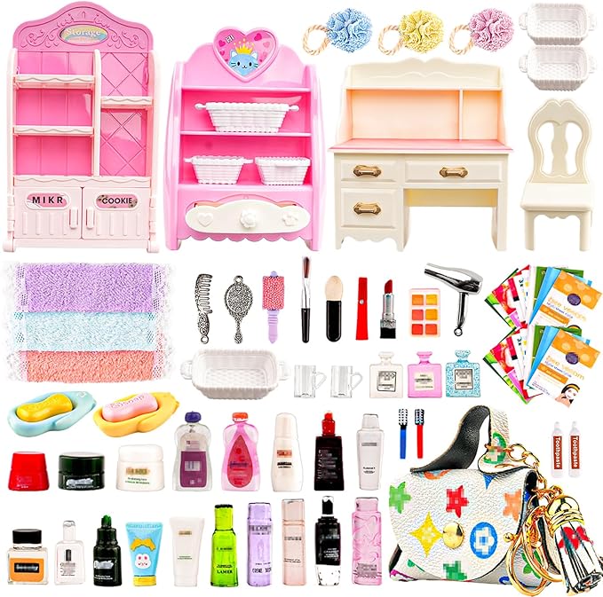 74Pcs Dollhouse Acessories Furniture Mini Cabinet with Drawers Case Handbag Towel Cosmetic Set Bathroom Toothbrush Shampoo Hair Dryer Comb Purse Decor DIY Doll Backpack Girl Micro Scene Makeup