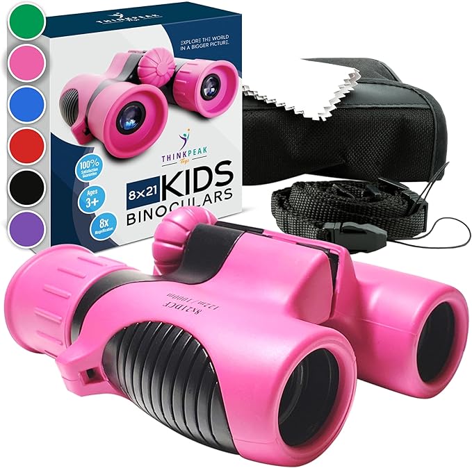 Think Peak Pink Binoculars Science Toy for Kids Ages 3-12 Years - Real Compact Outdoor Adventure & STEM Educational Nature Hiking Explorer for Bird Watching, Camping Children’s Birthday Gift