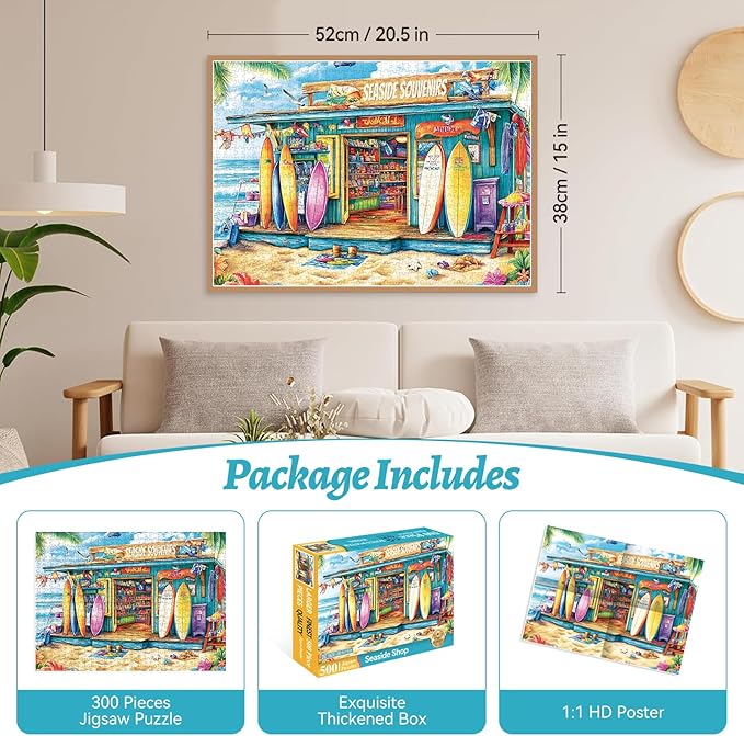 500 Piece Puzzles for Adults, Summer Seaside Souvenir Shop Jigsaw Puzzle with Surfboards, Adult Jigsaw Puzzle for Relaxation and Gift, Coastal Scene Puzzle Game for Adults, 20.5" x 15"