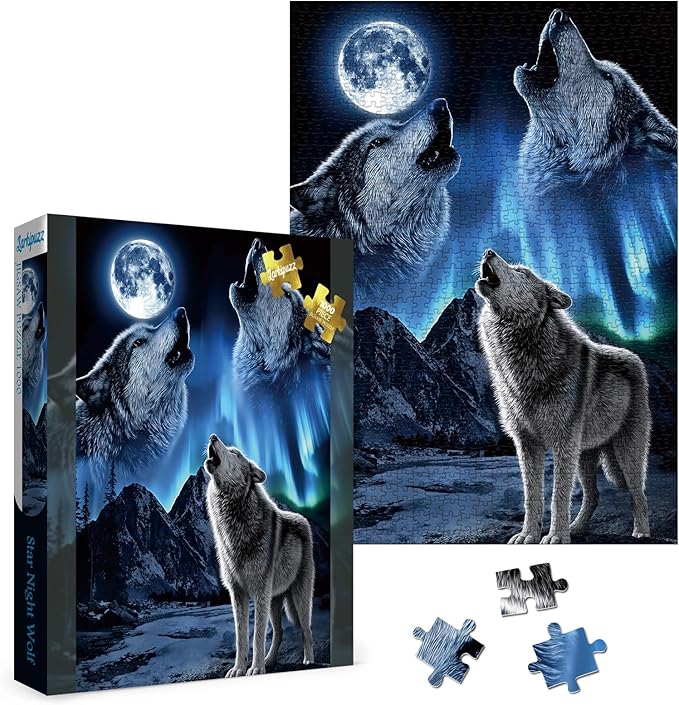 Art Northern Lights Wolf Puzzles for Adults 1000 Pieces, Magic Aurora Animal Landscape Jigsaw Puzzles, Challenging Scenic Moon Mountain Puzzle