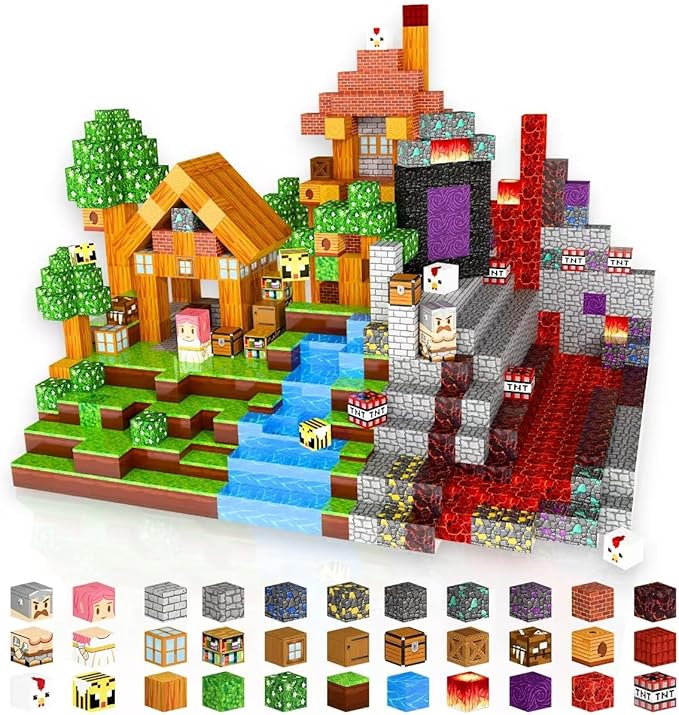 100PCS Magnetic Building Blocks Set – 0.8in Pixel World Construction Toys, Universal Compatibility, STEM Creative Play Set for Kids Ages 3+, Grass, Lava & Portal Scenes