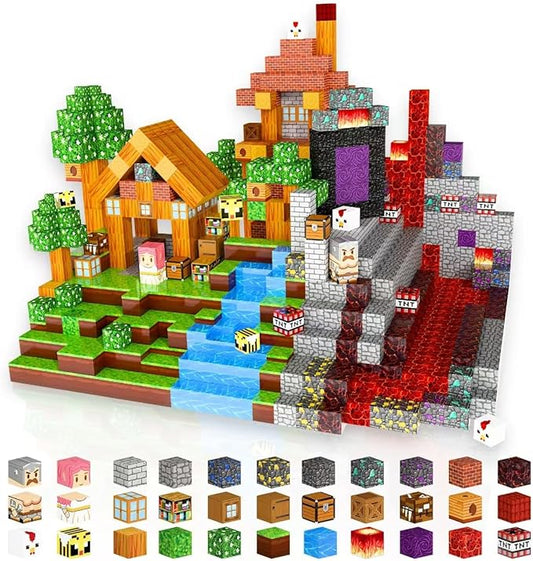 100PCS Magnetic Building Blocks Set – 0.8in Pixel World Construction Toys, Universal Compatibility, STEM Creative Play Set for Kids Ages 3+, Grass, Lava & Portal Scenes