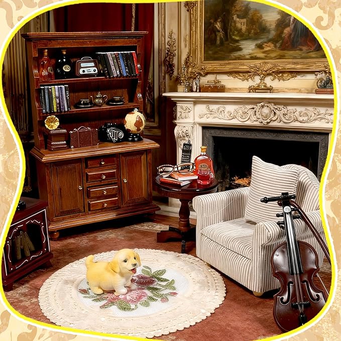 1：12 Scale Miniature House Furniture Set Classic Mini Furniture Sofa Set with Pillows Mini Couch Carpet Wooden Furnitures Bookshelf Desk Chair Living Room Scene Decor
