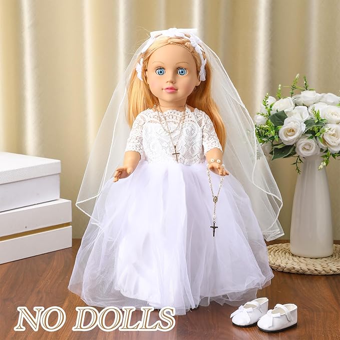 RoundFunny 7 Pcs 18 Inches American Doll Clothes Outfit First Communion Dress with Matching Headband Veil Bracelet Shoes Socks Necklaces Fit 18 Inches Dolls, Doll Not Included(Floral Headband)