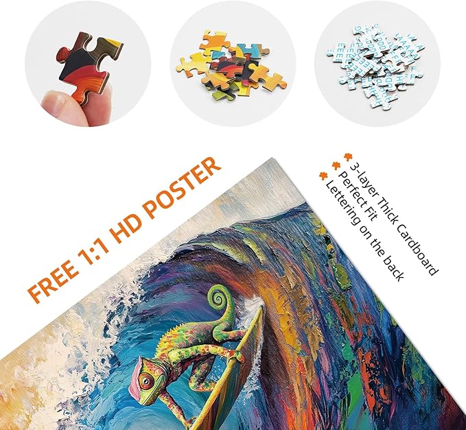 Vibrant Chameleon Surfing 1000 Piece Puzzle for Adults - Challenging Puzzles Art Painting Jigsaw Puzzles Family Game Home Decor