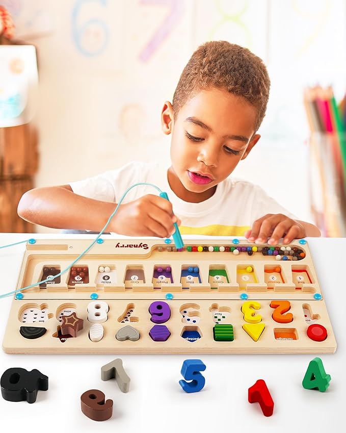 SYNARRY 3 in 1 Montessori Toys for 3+ Year Old, Educational Magnetic Color and Number Maze, Shape & Number Wooden Puzzle Counting Learning Toys, Easter Basket Stuffers Gifts for Kids