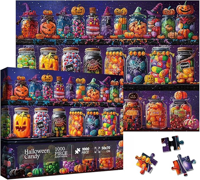 Halloween Horror Candy Jigsaw Puzzle 1000 Piece for Adult, Magic Fall Holiday Pumpkin Jigsaw Puzzles, Funny Art Aesthetic Colorful Puzzle