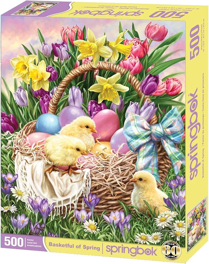 Springbok Basket Full of Spring 500 Piece Jigsaw Puzzle for Adults and Family - Easter Eggs and Chicks - Unique Cut Pieces - Made in USA