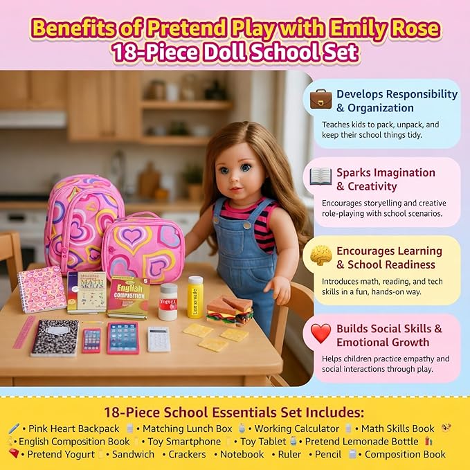 Emily Rose 18-Inch Doll School Essentials 18-Piece Set – Backpack, Lunch Box, Working Calculator & Pretend Food | Premium Back-to-School Playset Compatible with American Girl Dolls