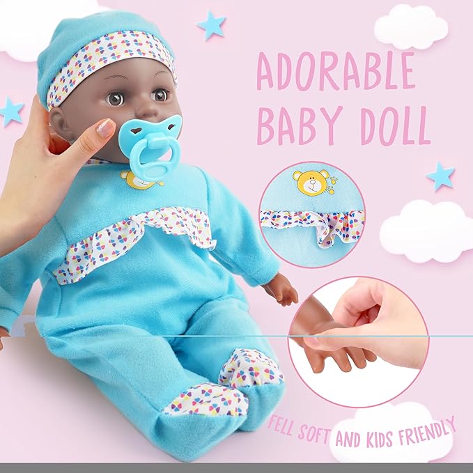 Toy Choi's Interactive Baby Doll Blue - 16 Inch Crying Talking Feeding Dolls with Different Sounds and Accessories, Pretend Play Preschool Toys for 2 3 4 5+ Year Old Girls Boys Gift, Black Doll