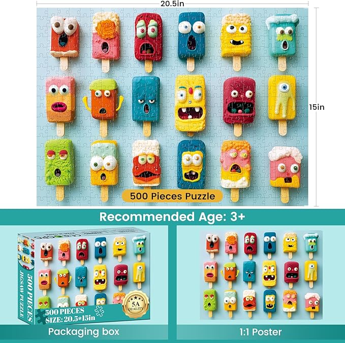 500 Piece Puzzle for Adults,Colorful Popsicles Puzzle for Adults Seniors,Fun Monster Popsicles Jigsaw Puzzle with Letters on Back,Challenging Family Game Gifts for Friends Men Women Seniors, 20.5*15In