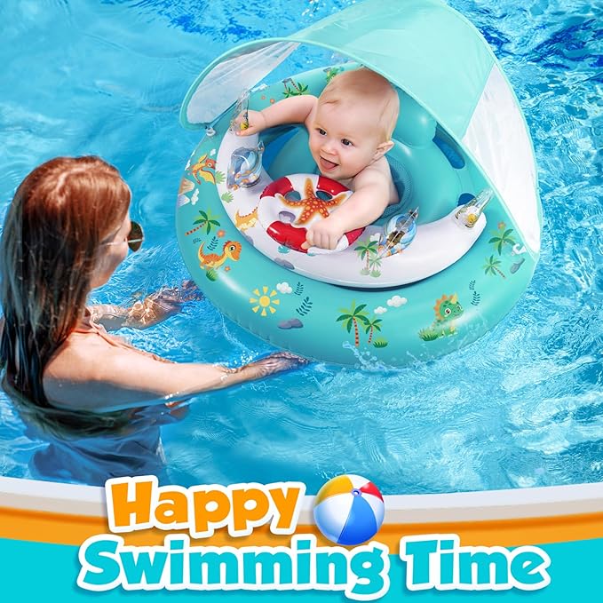 Baby Pool Float with Canopy UPF50+ Sun Protection, Inflatable Kids Pool Floats with Toy Play Console for Baby 6-36 Months, Infant Swimming Float with Adjustable Safety Seat for Boys Girls
