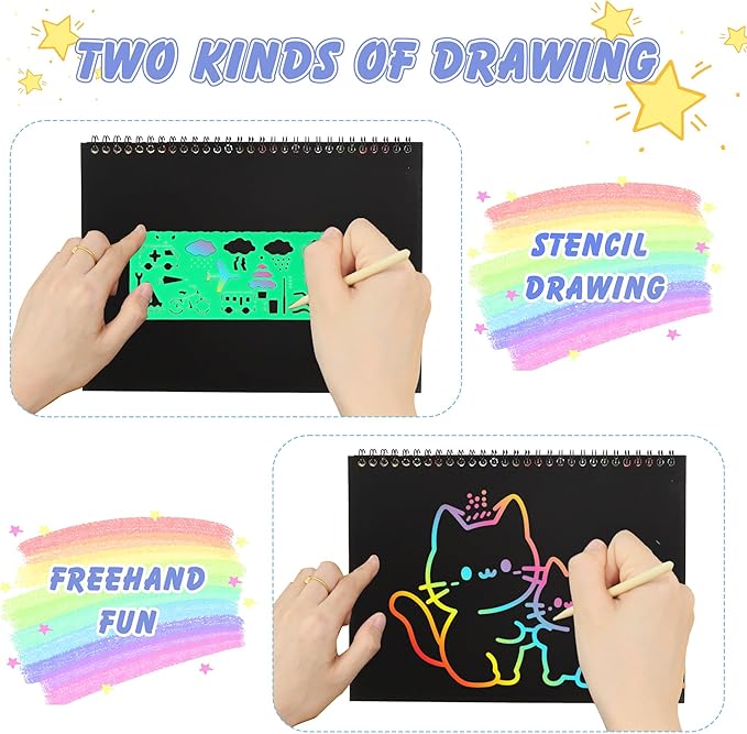 Scratch Art Crafts Kit for Kids – 2 Pack Rainbow Scratch Paper Notebooks with Wooden Styluses and Drawing Stencils, Magic Art Supplies Birthday Christmas Gifts Party Favors for Boys Girls Ages 3-10