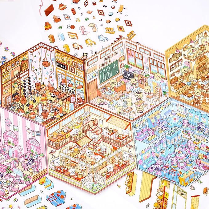 DIY 3D Sticker for Kids, 6 Sets of Cute Stickers for Girls Adult Isometric Sticker Scene Kids Reuseable and Waterproof Stickers, Holiday & Christmas Fun