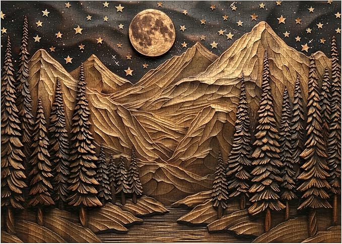 3D Mountain Forest Puzzles for Adults 1000 Pieces, Challenging Nature Plant Tree Scenic Puzzle, Art Landscape Moon River Star Scenery Jigsaw Puzzles