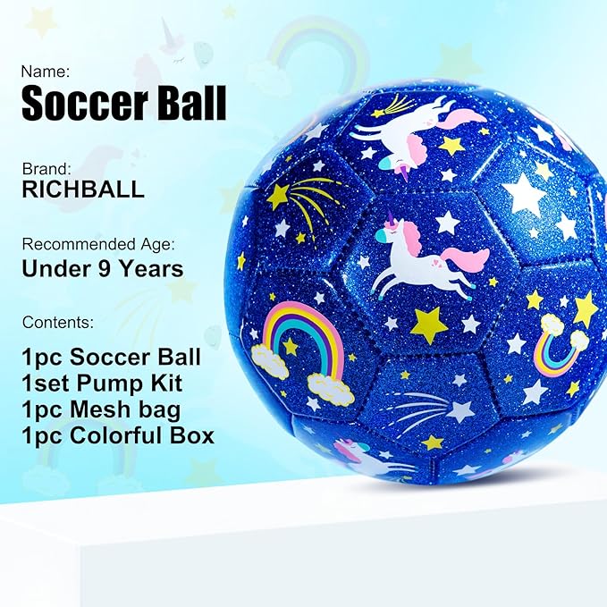 Richball Size 3 Soccer Ball Girls, Unicorn Soccer Ball for Kids, Toddler Outdoor Activity for Girls Age 1-3 3-6, Christmas Birthday Present