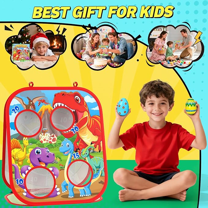 Dino Bean Bag Toss Game Toy for Kids, 6-1 Cornhole Board Outdoor Toys for Toddlers, Easter Gifts for Kids, Backyard Beach Lawn Party Toss Game Toy for 3 4 5 6 7 8 Year Old Boys Girls Birthday Gifts