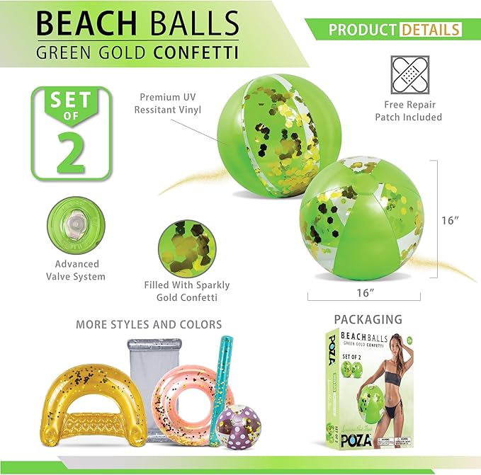 POZA Inflatable Beach Balls - Elegant Glitter Confetti Premium Floaters, Heavy Duty Vinyl Floatation Pool Toys for Pool Beach Party, UV Resistant Pool Décor