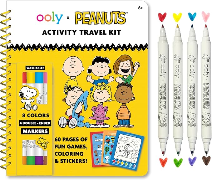 Ooly x Peanuts Snoopy School Coloring Travel Kit, 60-Page Activity Book with Coloring Sheets, 4 Double-Ended Markers - 8 Colors, 2 Sticker Sheets, Puzzles & Games, Snoopy & Charlie Brown Art Set