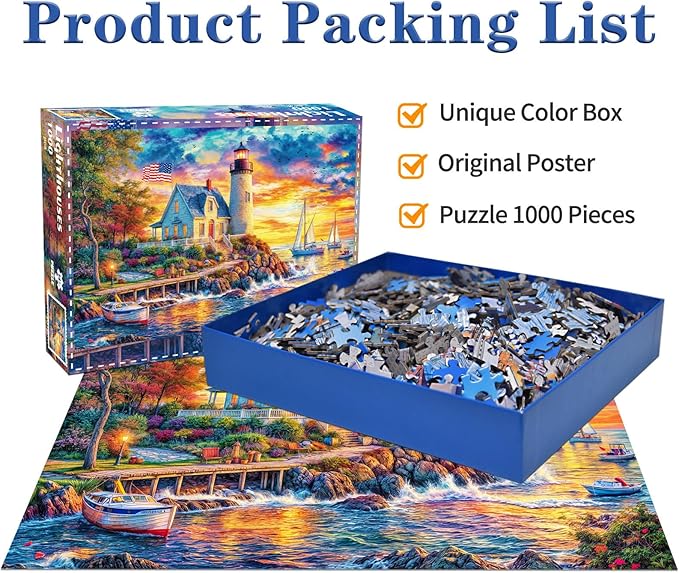 HUADADA 1000 Piece Puzzles for Adults - Sunset Lighthouse - Jigsaw Puzzles for Adults 1000 Piece Educational Games Colorful Puzzles for Home Decoration