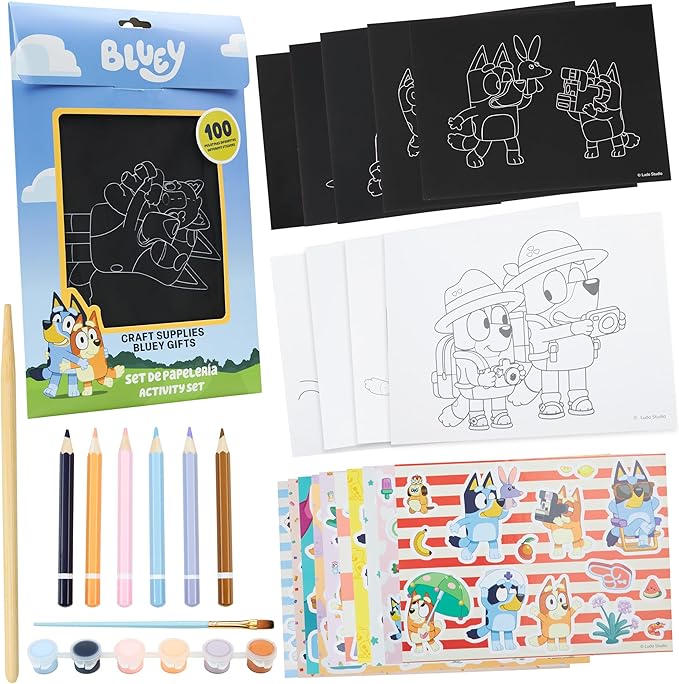 Bluey 4-in-1 Art Kit for Kids with Coloring Pages, Scratch Art, Watercolors, Stickers & Pencil, Fun DIY Craft Supplies Set, Gifts for Kids (Multi 4-in-1 Set)