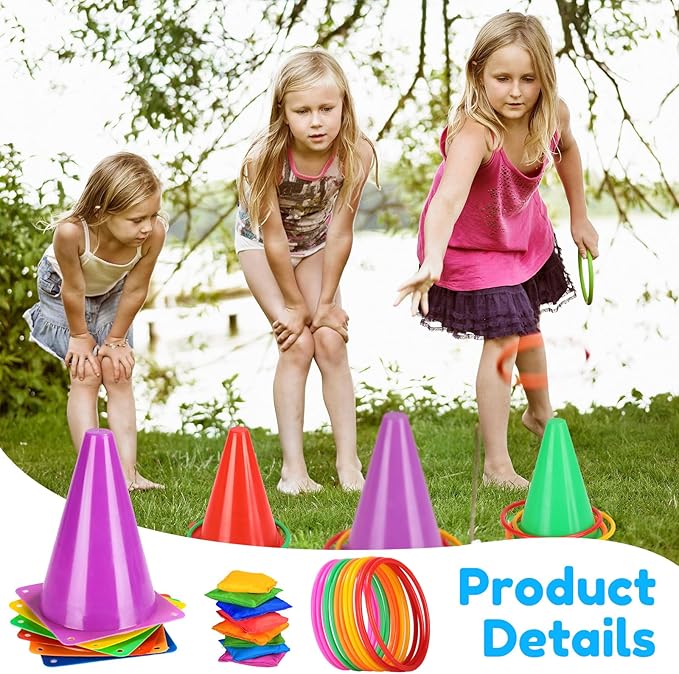 Hungdao 3 Sets Carnival Games Combo Set, Dart Board with Balls Plastic Cones Ring Bean Bags Toss Game for Boys Girls Adults Family Birthday Yard Indoor Outdoor