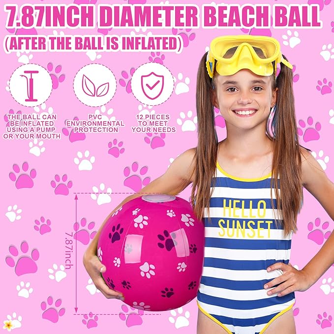 Leyndo 12 Pack Dog Paw Themed Beach Ball for Kids 7.87" Bulk for Summer Pool and Beach Game Gifts and Birthday Party Supplies and End of The Year Class Party Decoration Favors