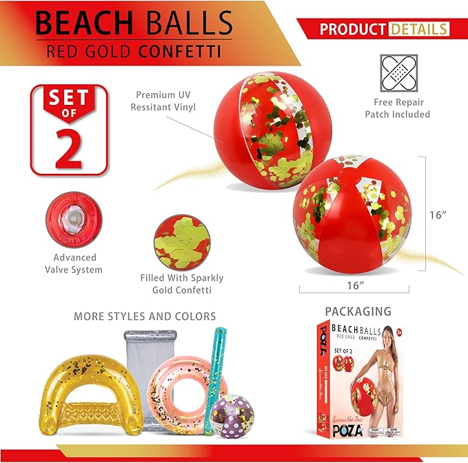 POZA Inflatable Beach Balls - Elegant Glitter Confetti Premium Floaters, Heavy Duty Vinyl Floatation Pool Toys for Pool Beach Party, UV Resistant Pool Décor