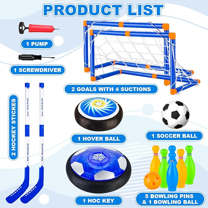 4-in-1 Hover Soccer Ball Hockey & Bowling Set, LED Air Floating Sports Toy for Indoor Outdoor Play for Kids Ages 3-12, Birthday for Boys Girls Toddlers
