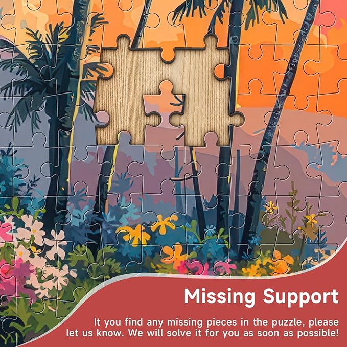 Tropical Sunset Beach 1000 Piece Puzzle for Adults - Macaron Color Palette Art, Mirror Lake Palm Tree Scene, Poster & Lettered Back, 20"x28" HD, Gift for Travel & Art Lovers