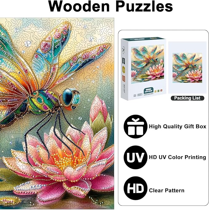 Wooden Puzzles for Adults, 210 Pieces Unique Dragonfly & Lotus Pattern Wooden Jigsaw Puzzle, Sparkling 3D Decorative Wood Puzzle, Easter Gift for Mom, for Adult Puzzle Lovers