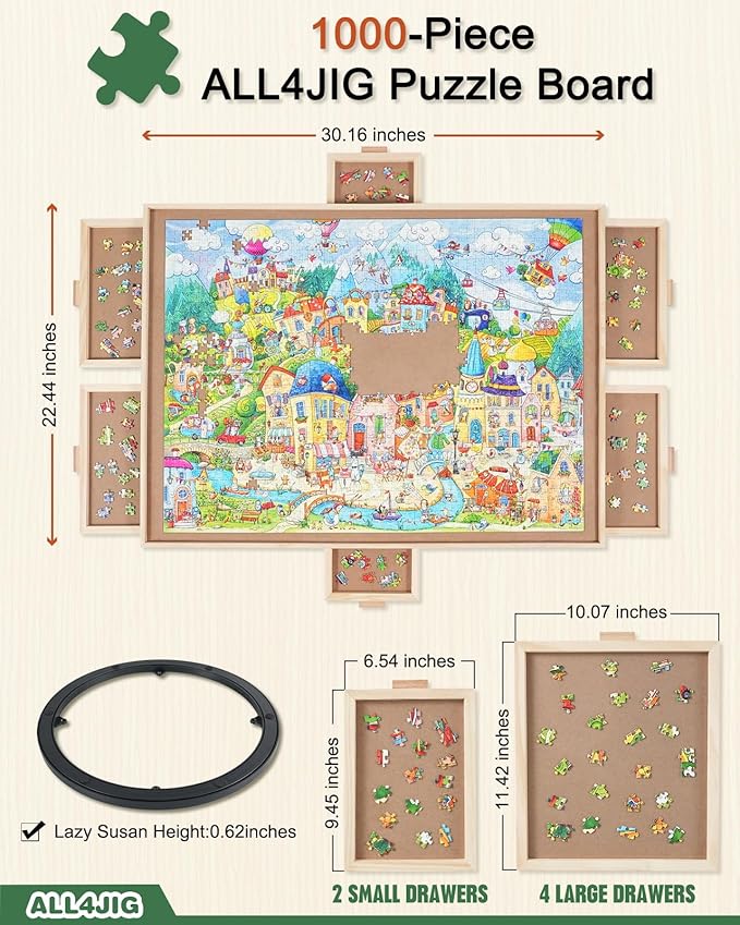 ALL4JIG 1000 Pieces Rotating Puzzle Board with 6 Drawers and Cover,22"x30"Portable Wooden Jigsaw Puzzle Table for Adults,Lazy Susan Spinning Puzzle Boards Birthday Gift for mom