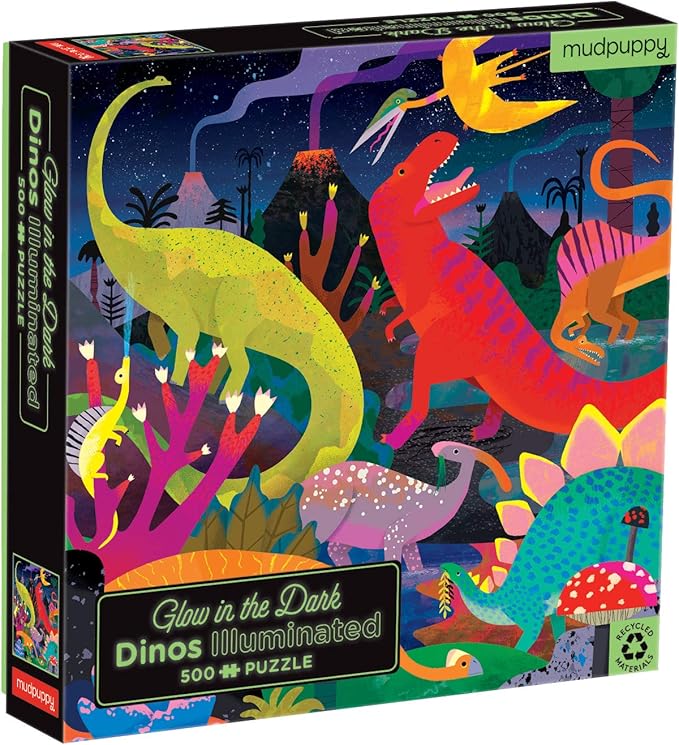 Mudpuppy Dinosaurs Illuminated 500 Piece Glow in the Dark Family Puzzle from Mudpuppy - 20" x 20" Glow in the Dark Puzzle, Perfect Family Activity, Ages 8+