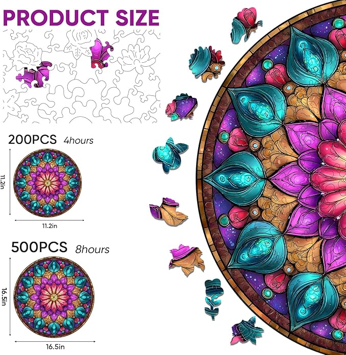 Mocfesk Mandala Wooden Puzzles, Colorful Mandala Jigsaw Puzzles for Adults and Kids, Geometric Wooden Puzzles 200 Pieces for Grandparents, Family Puzzle Holiday Decor 11.2'' x 11.2''