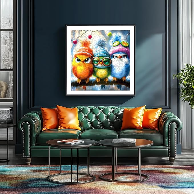 Whimsical Winter Birds 500 Piece Jigsaw Puzzle for Adults Cute Cartoon Colorful Owls in Hats Family Puzzles with Letters on Back Challenge Game Night Fun Gift (20"x20")
