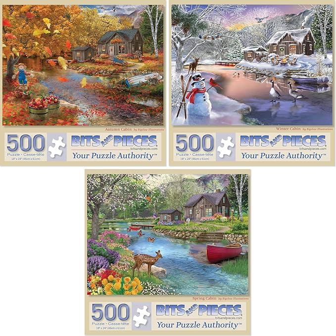 Bits and Pieces – Value Set of Three Jigsaw Puzzles for Adults – Autumn, Winter & Spring Cabin – 500 Pieces 18" x 24", (Three 500 Piece Jigsaw Puzzles)