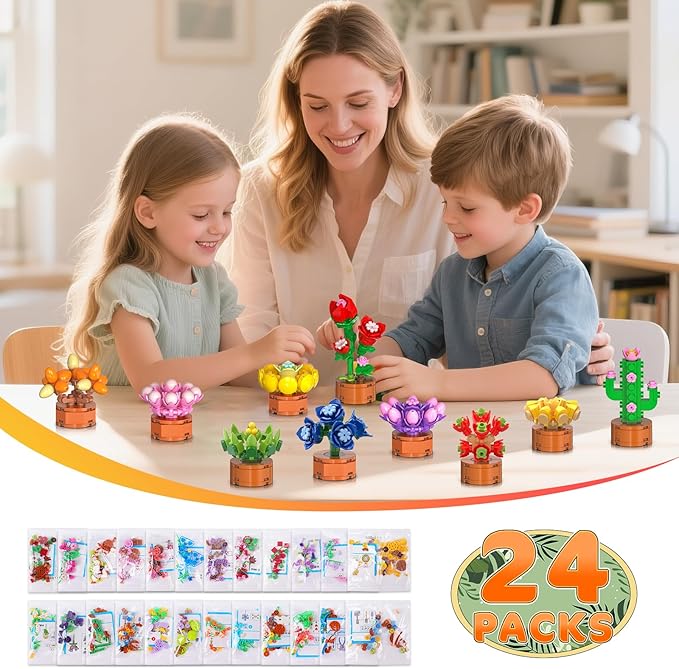 24 Pack Flowers Succulent Party Favors for Kids Building Set - 1012pcs Botanical Bonsai 3.6mm Mini Building Blocks Toy for Easter Basket Fillers Classroom Prize Stocking Stuffer Gift for Girl Boy 6+