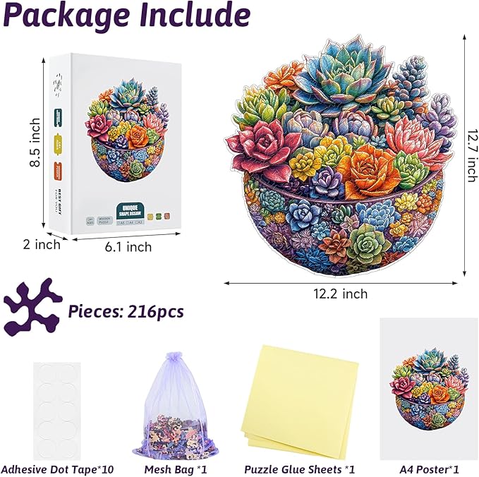 216 Piece Colorful Succulent Bowl Wooden Jigsaw Puzzle for Adults - 12.2x12.6’’ Vibrant Floral Plant Puzzle, Relaxing Family Activity, Unique Gift for Garden & Nature Lovers (Succulent)